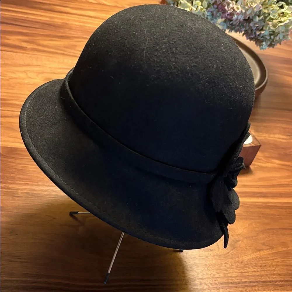 Women's Black Wool Cloche Hat with Flower Trim